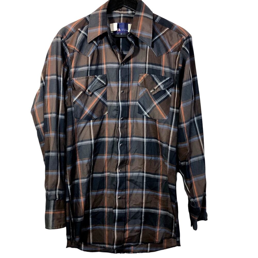 Brown Western Pearl Snap Shirt Panhandle Slim Black Plaid Small Cowboy Retro